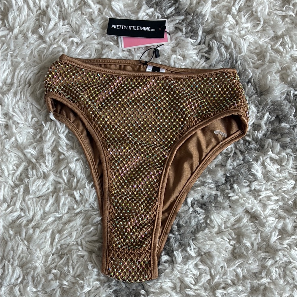 PrettyLittleThing Tan Mesh Bikini Bottom